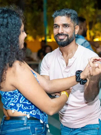 A close and connected dance, showing the trust and communication between partners.