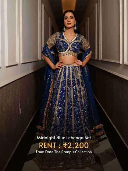 A stunning midnight blue lehenga set with intricate gota and sequin work. An incredibly stylish look for only ₹2,200 to rent.