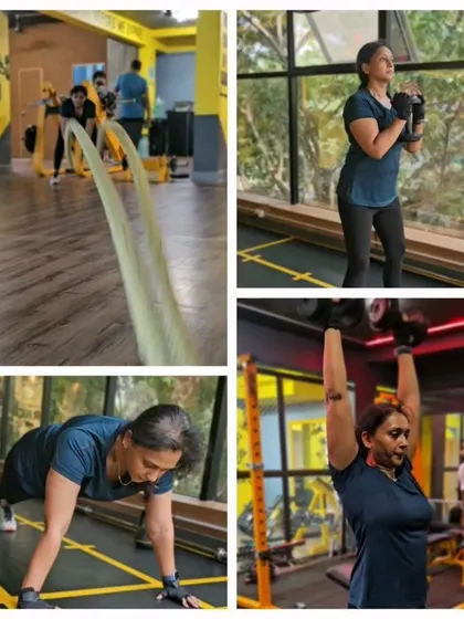 A collage showing this client in action, from battle ropes to dumbbell presses. Her journey included weight loss, strength training, and injury recovery.