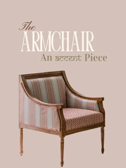 A product shot of the elegant armchair, highlighting its classic form and accent upholstery. It’s a piece designed to add character to any living space.