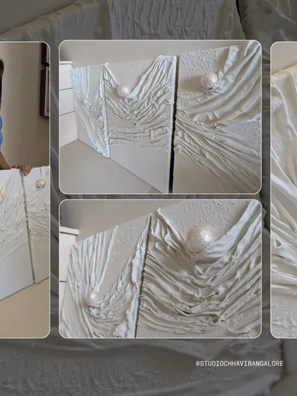 A collage showing different angles of the finished white textured triptych, highlighting its calming and sculptural qualities.