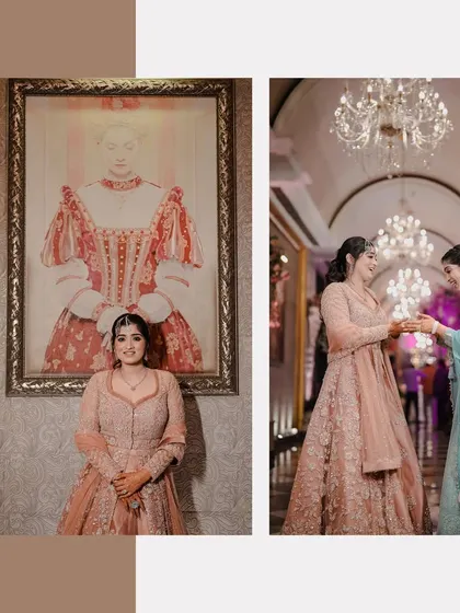 Portraits of the bride at her Sangeet, posing by a classic painting and sharing a moment with a friend. The grand chandeliers add to the luxurious feel of the venue.