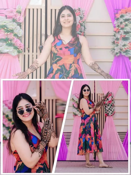 A collage of a guest at the Mehendi, posing with her henna-adorned hands against a pink backdrop.