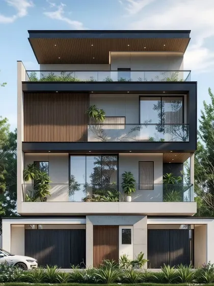 A frontal elevation of the JP Nagar project. The design stacks the private and common areas vertically, culminating in a landscaped terrace, with each level clearly expressed on the facade.