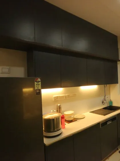 Another view of the matte black kitchen, showcasing its sleek and minimalist aesthetic. The handleless design enhances the clean lines and modern appeal.