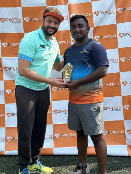 Siddhu from the Switch Lions receives the Man of the Match award for his fierce knock of 26 runs that powered his team towards victory.