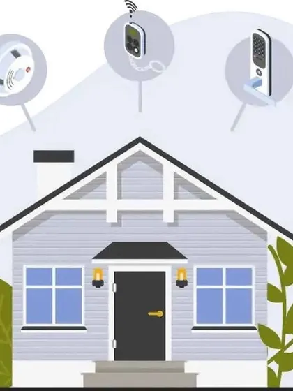 This illustration highlights key components of a modern home security system. It includes a smoke detector for fire safety, a remote key fob for convenient arming, and a video doorbell for screening visitors, all working together to protect your home.
