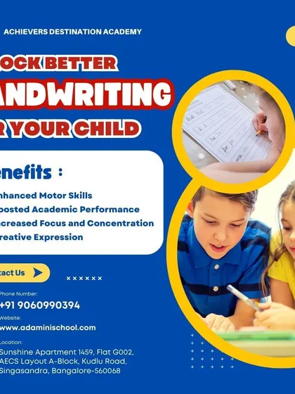Unlock better handwriting for your child with our classes in Singasandra, Bangalore. This poster highlights the key benefits, including enhanced motor skills, boosted academic performance, and increased focus, all leading to more creative expression.