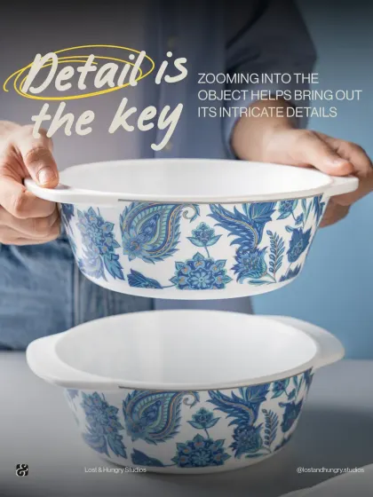 Detail is key. For this Borosil serving bowl, we zoomed in to highlight the intricate floral pattern, showing off the quality and craftsmanship of the product.