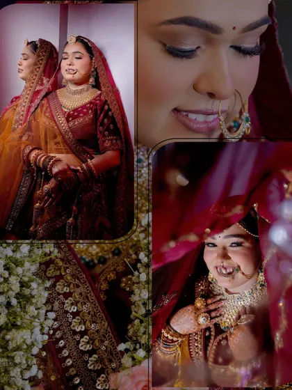 A collage of the bride's portraits, showing her serene expressions and the beauty of her deep red lehenga.