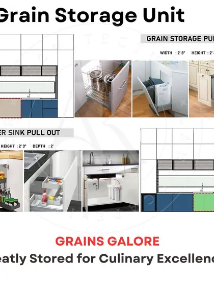 This section covers dedicated grain storage pull-outs and under-sink organizers. These solutions help keep bulky items and cleaning supplies neatly stored away, ensuring your kitchen remains tidy and efficient.