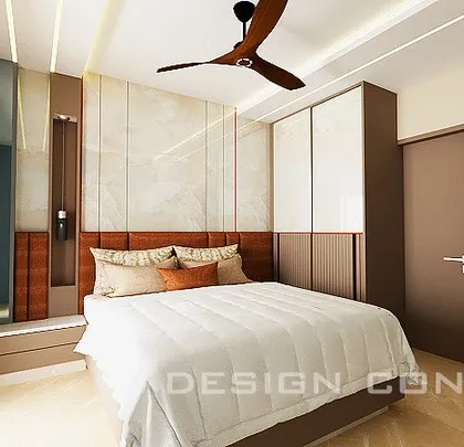Another angle of the proposed bedroom design, showing the bed, side table, and wardrobe. The warm color palette and soft lighting create a cozy and inviting atmosphere.