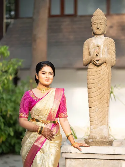 Shubha's complete look for her pre-wedding ritual, looking serene and beautiful.