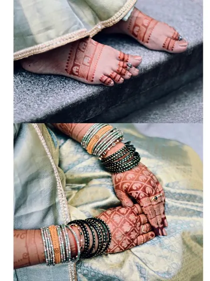 Mehendi isn't just for the hands. This collage shows a simple, elegant elephant motif on the hands and a matching band design on the feet for a complete baby shower look.