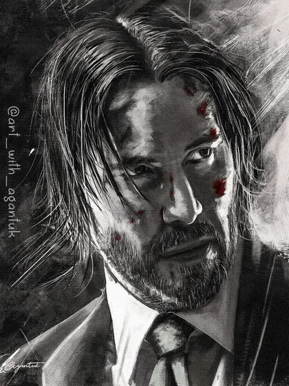 A black and white portrait of John Wick, played by Keanu Reeves. For this piece, I used a more painterly digital style to capture the dark, neo-noir feel of the movie, focusing on the dramatic lighting and gritty atmosphere.