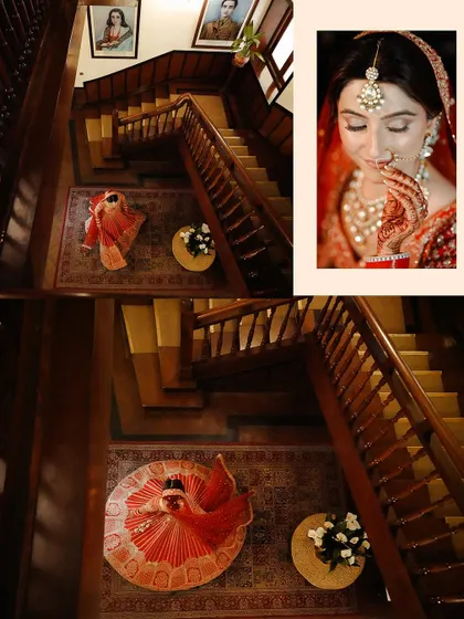 A creative collage showing the bride from above on the staircase, including a shot of her twirling. It's a dynamic and beautiful way to capture the bridal gown.