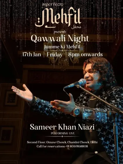 A poster from our Qawwali Night at Imperfecto Mehfil in Chandni Chowk. It was an honor to perform in such a historic and beautiful setting, bringing our music to the heart of Delhi.