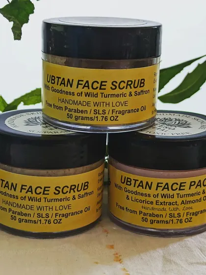 Here is my traditional Ubtan Face Scrub and Face Pack duo. Made with the goodness of wild turmeric and saffron, this combination is a classic Indian remedy for removing tan and improving your overall skin complexion naturally.