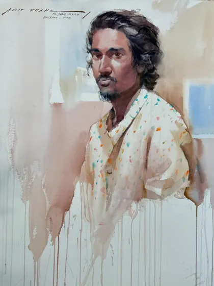 The finished watercolour portrait from the Kalangan Art Exhibition. I aim to capture a likeness quickly while maintaining an expressive quality.