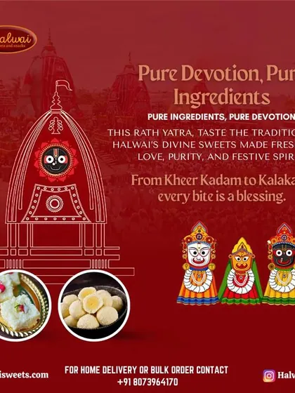 With pure devotion and pure ingredients, we prepare divine sweets for Rath Yatra. From Kheer Kadam to Kalakand, every bite is a blessing made fresh with love and festive spirit.