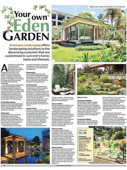A feature article about our company, Ecoscapes, in the Indian Express newspaper. We are always thrilled when our work creating "Your own Eden GARDEN" gets noticed and shared.