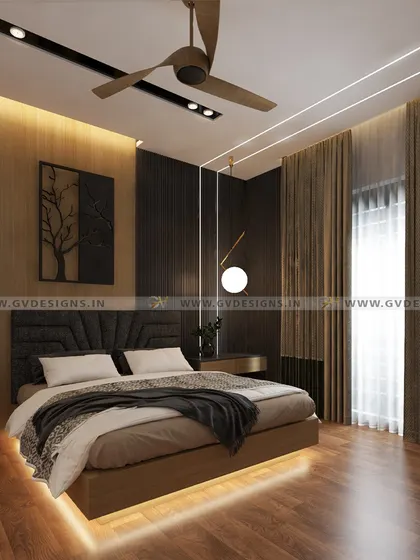 Luxury is in the details. This bedroom features a dramatic feature wall with wooden and rafter panels, a plush cushion headboard, and a bed with under-glow lighting. The false ceiling combines gypsum with profile lights for a modern, layered look.
