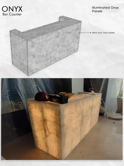 A render of the final look compared to the actual illuminated bar on site.