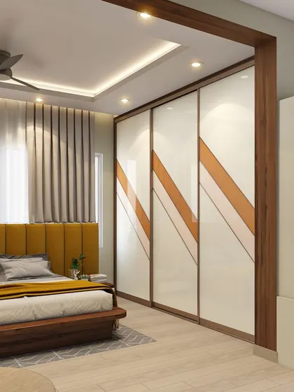 This bedroom design features a vibrant yellow headboard and a sliding wardrobe with a unique diagonal wood and white pattern. The wooden partition adds a sense of separation without closing off the space.