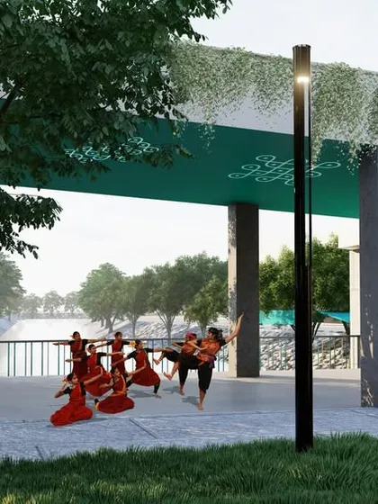 This render depicts a space for cultural performances, integrating art and activity into the park's landscape. The design provides a platform for community engagement and entertainment.