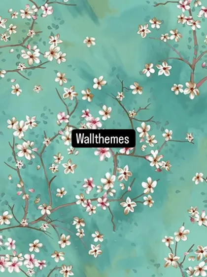 A repeat of the cherry blossom wallpaper on a teal background, showing the full pattern.