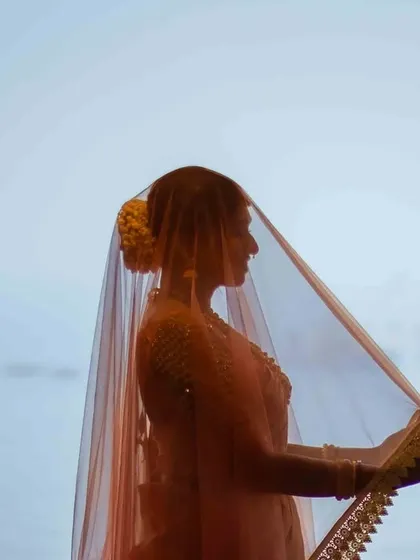 An ethereal silhouette of the bride holding her veil. This artistic shot uses backlighting to create a timeless and mysterious portrait.