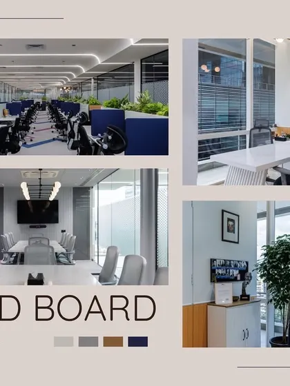 Every project begins with a clear vision. This mood board for the Link Legal office project showcases the color palette, furniture styles, and material choices that guided the entire renovation, ensuring a consistent and professional aesthetic throughout the space.