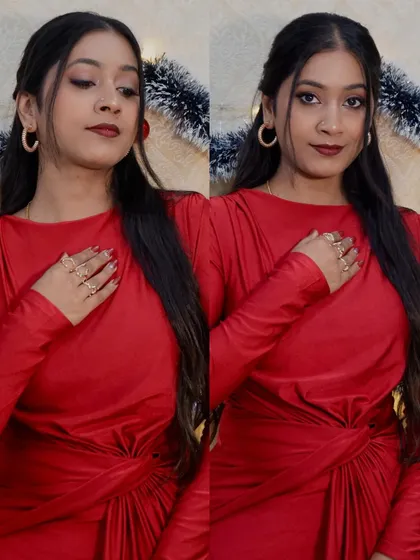 A close-up of the Christmas makeup look, with a focus on the bold red lip and the soft brown smokey eye.