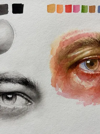 A study sheet showing eye studies in both pencil and watercolor, demonstrating different approaches to realism.