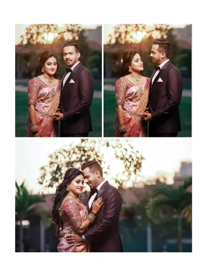 A triptych of the couple's reception portraits, showing their loving interactions and elegant outfits against a beautifully lit backdrop.