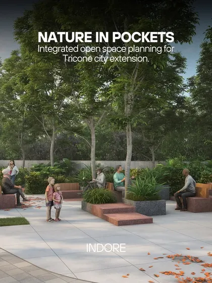 A render for the 'Nature in Pockets' project in Indore, showing integrated seating and planters that create intimate social spaces within a larger park network.