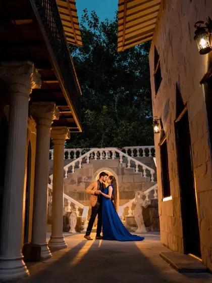 A stunning wide shot of a couple in a stone alleyway at dusk. The dramatic lighting and architecture create a timeless and romantic European feel.