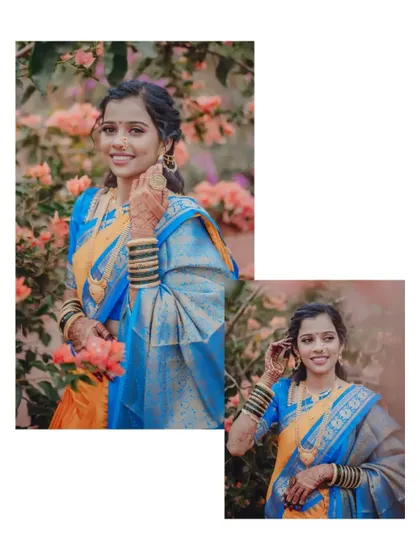 A collage of the bride posing with flowers, capturing her bright smile and the lovely details of her outfit.