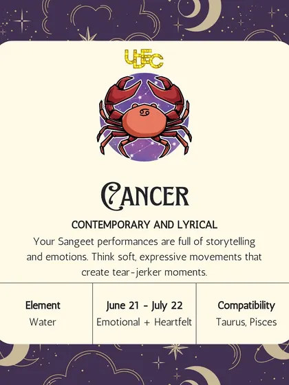 Cancer: Contemporary & Lyrical. Your Sangeet performances are full of storytelling and emotion, with soft, expressive movements that create tear-jerker moments.