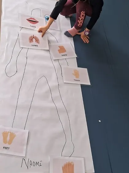 A student correctly places the "lungs" and "mouth" cards on her body outline, showing her understanding of human anatomy.