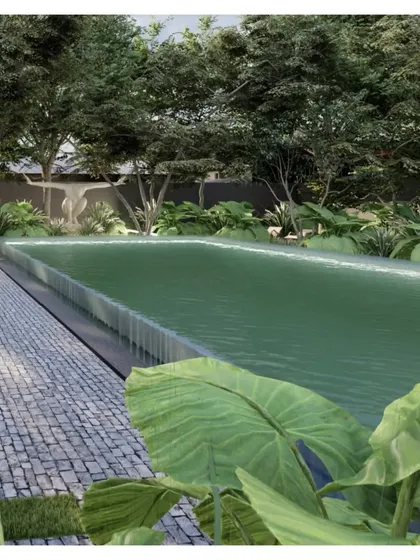 A render of the pool for a new family retreat, surrounded by lush greenery and cobblestone paths. We are fortunate to be bestowed beautiful sites and look forward to building these episodic dreams.