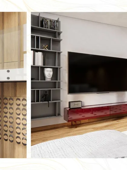 A collage of details from the penthouse, showing the custom shelving, the red media console, and the patterned wooden door.