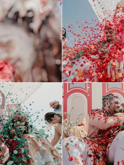 A collage of the explosive and colorful haldi ceremony in Malta, capturing the fun and messy moments from multiple angles.