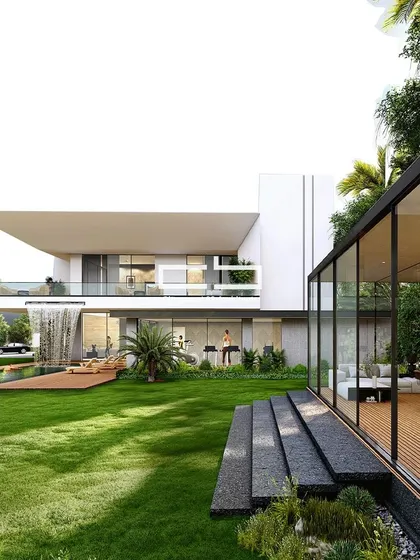 This modern residential design embodies contemporary aesthetics with a striking cantilevered projection and minimalist form. A cascading waterfall integrated into the structure enhances the microclimate, offering both visual appeal and environmental benefits.