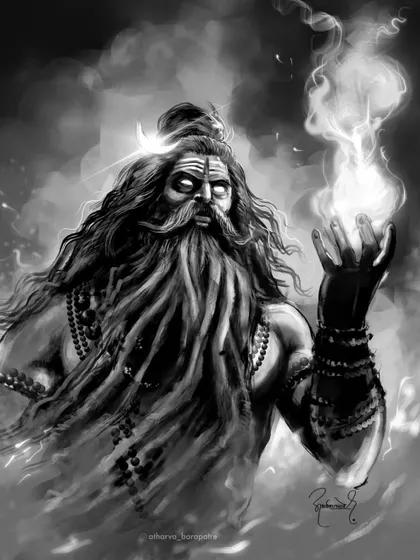The monochrome version of my Rudra painting. This black and white study highlights the dramatic lighting and the raw, untamed energy of Shiva's fierce form.