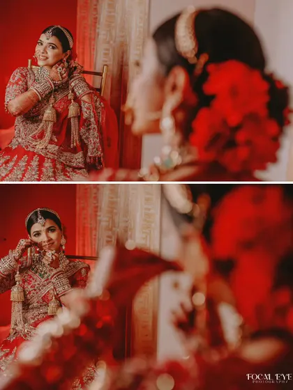 A collage of a bride in red, looking in the mirror and adjusting her earrings, capturing the final touches.