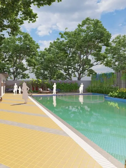 Our design for a community swimming pool area, surrounded by lush trees and comfortable lounge seating. We focus on creating a resort-like feel, even in an urban setting, by carefully selecting plants and materials.