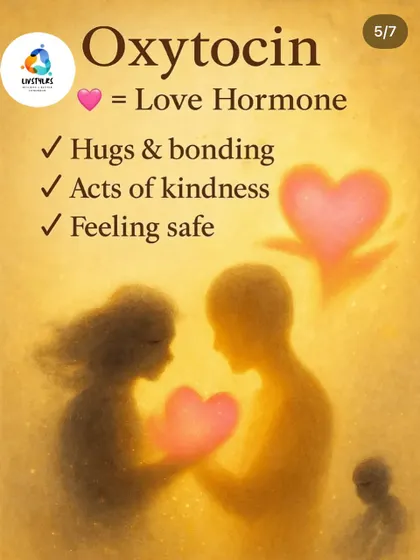 Oxytocin is the love and bonding hormone. It's released through hugs, acts of kindness, and feeling safe and connected with others.