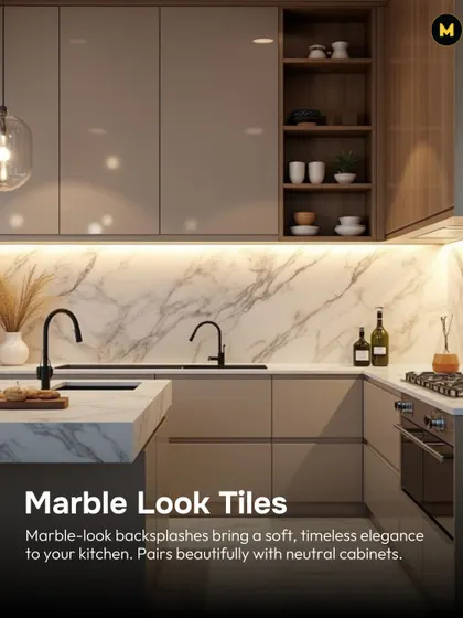 For a soft, timeless elegance, you can't go wrong with marble-look tiles. This backsplash pairs beautifully with neutral cabinets and under-cabinet lighting to create a luxurious and inviting kitchen.