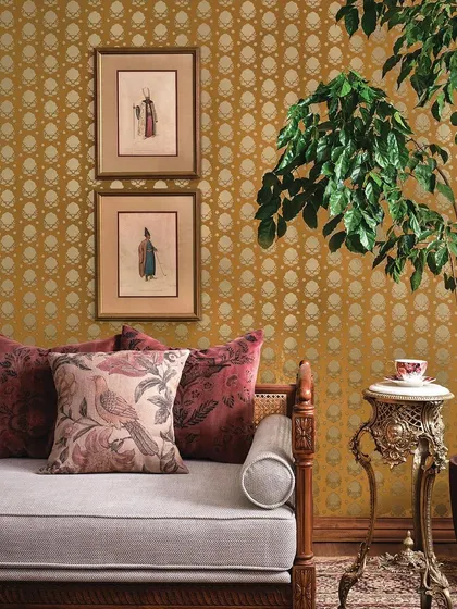 Inspired by the Jazz Age, this Sabyasachi wallpaper features a rich mustard color with a repeating pattern that evokes traditional Indian motifs. It’s perfect for creating a warm, opulent, and culturally rich interior.